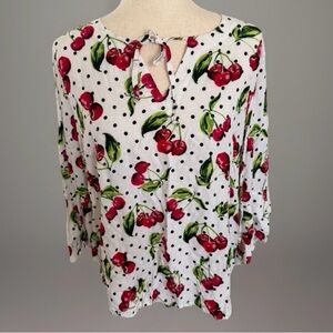 LARGE Cherry Print Swiss Dot Polka Dot Blouse Bell Sleeves Tie Neck Coquette